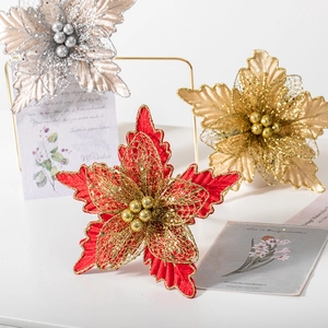 Artificial Christmas Poinsettia Flowers Glitter Mesh Fabric Sparkling Tree Wreath Decorations For Holiday Home Wedding