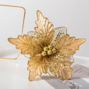 Golden 24cm glitter poinsettia flower with mesh petals for Christmas tree decoration