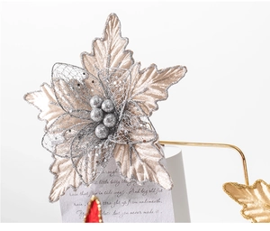Detail of 24cm champagne gold Christmas flower with glitter mesh and berry center