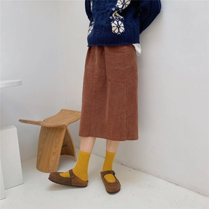 Detail shot of navy blue patterned wool sweater paired with brown corduroy skirt