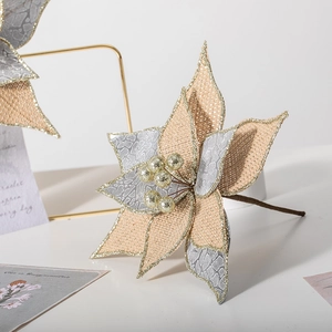 Beige burlap artificial Christmas poinsettia flower with gold glitter and silver texture