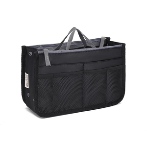 Black nylon tote bag organizer insert with multiple mesh pockets and handle