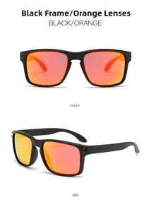 Detail view of sport sunglasses with black frame and orange mirrored lenses from two angles