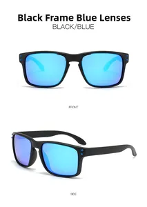 Front and side view of classic black matte sports sunglasses with blue mirrored lenses