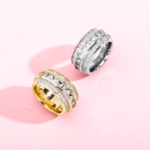 Men's hip-hop rings in gold and silver finish with triple row baguette crystals