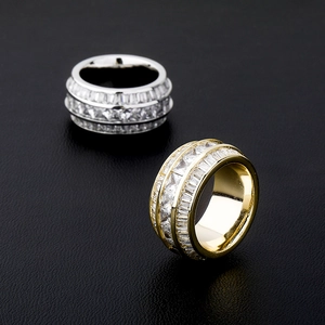 Hip Hop Iced Out Men Ring Copper 18K Gold Plated AAA Zircon Triple Row Baguette Princess Cut CZ Wide Band Bling Jewelry