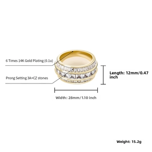 Detailed specs of hip hop ring with 14K gold plating and 3A+ CZ stones in prong setting