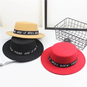 Flat top fedora hats in khaki black and red with stylish ribbon bands and slogan details