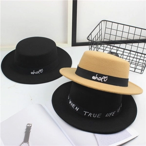 Flat top wool fedora hats in black and camel colors with stylish ribbon embroidery decoration