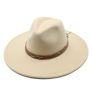 Classic British style beige wide brim wool felt jazz hat with beaded leather cord band