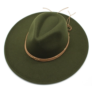 Classic dark green wool fedora hat with wide flat brim and decorative brown leather band