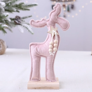 Renne de Noël rose en tissu avec socle en bois et étoile pour décoration de table festive