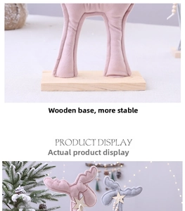 Détail d'un renne mignon en tissu avec socle en bois naturel pour décor de Noël