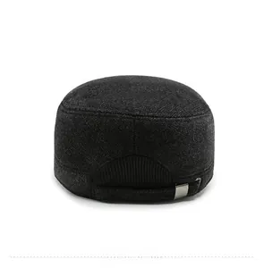 Rear view of dark grey flat top cap showing ribbed elastic adjustment and metal buckle