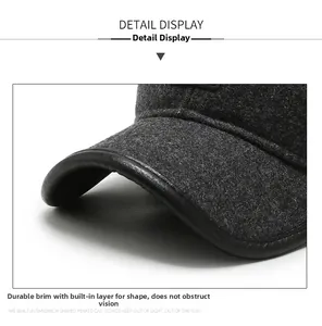 Close-up of winter baseball cap with leather binding and durable structured brim details