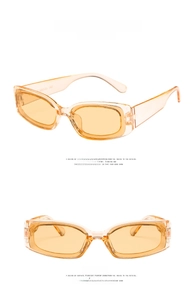 Side and front macro view of retro transparent brown rectangular frame sunglasses