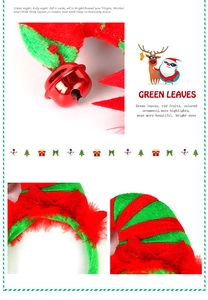 Close-up of Christmas reindeer headband with red bells and festive green felt leaves