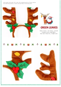 Detail of reindeer antlers headband with green leaves, red berries, and bells