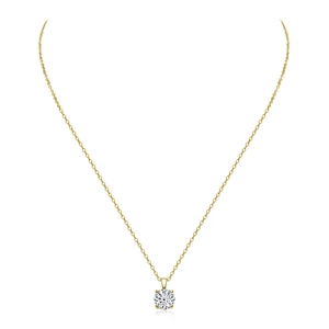 Detail view of 1-carat moissanite necklace with classic four-prong gold setting