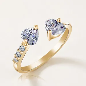 Double Heart Cubic Zirconia Open Ring Copper Material Elegant Adjustable Fashion Jewelry For Women Luxury Shining Gift