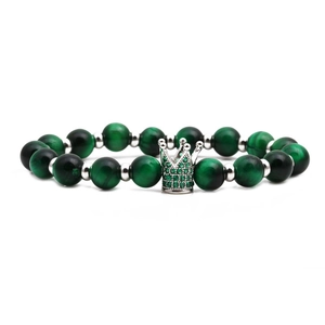 Green tiger eye stone bead bracelet with a silver crown pendant and sparkling zircon stones