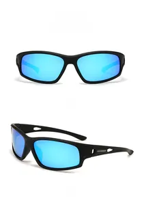 Vues détaillées de face et de côté de lunettes de sport noires à verres miroirs bleus