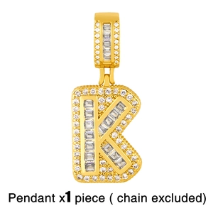 Close-up of gold letter K pendant featuring pave-set cubic zirconia and baguette stones