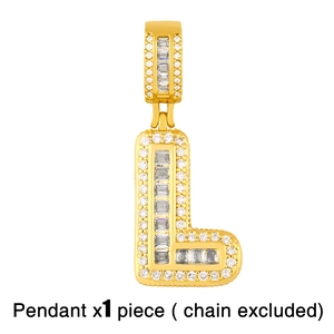 Macro shot of gold-plated letter L pendant with pavé cubic zirconia on white background