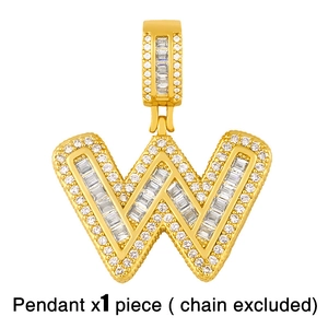 Detailed view of capital letter W pendant in gold finish with sparkling zircon stones