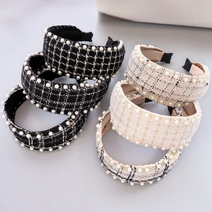Klassisches Tweed-Stirnband-Set mit Perlen und gewebtem Karomuster für Damen