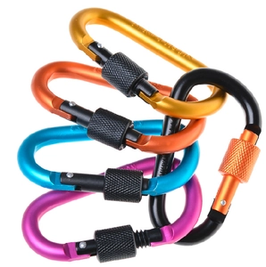 Five assorted colored D-ring locking carabiners in heavy duty aluminum alloy for outdoors