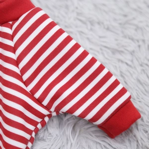 Macro view of red and white striped knit fabric texture on small pet sweater sleeves