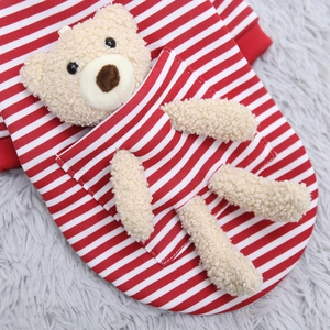 Detail of cute plush bear head on red and white striped pocket of pet sweater
