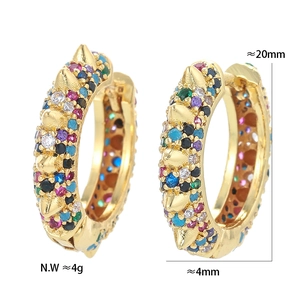 U-shaped gold hoop earrings with multi-colored crystals and spikes measurement view