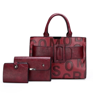 Three-piece set of burgundy leather tote bag and wallets with embossed letters