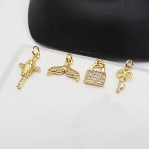 Gold plated charms with zircon cross mermaid tail lock and key pendants for jewelry DIY