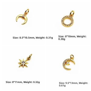 Detailed view of four gold-plated sun and moon charms with cubic zirconia inlay and sizes