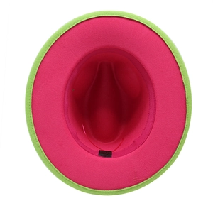 Detail view of the fluorescent green fedora with vibrant rose pink underbrim contrast