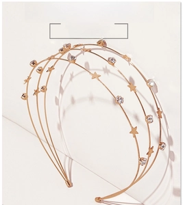 Detail of a triple-layered gold headband featuring star charms and sparkling rhinestones