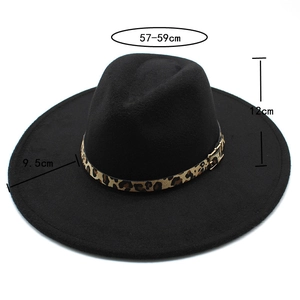 Detail view of black felt fedora with leopard band showing 9.5cm brim and size specs