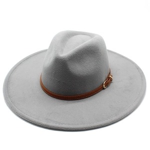 Detail of light gray wide brim wool fedora hat with brown leather belt and golden buckle