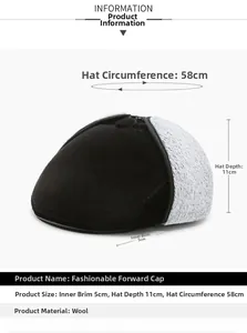 Detailed size guide for newsboy cap showing 58cm circumference and woolen material