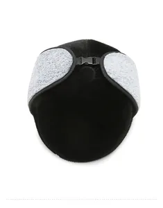 Top view of winter hat showing black faux fur texture and adjustable grey ear flaps