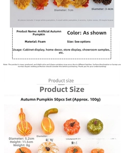 Detailed size specifications for Halloween pumpkin set with maple leaves and pine cones