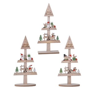Three creative wooden Christmas tree tabletop ornaments with Merry Christmas engraving