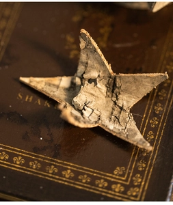 Macro detail of star-shaped natural bark ornament on vintage book with rustic wood texture
