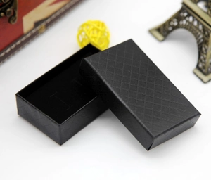 Detailed view of black textured jewelry box with elegant diamond pattern and interior tray