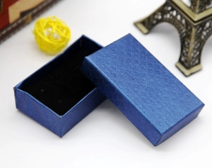 Detail of dark blue diamond-patterned jewelry box with black sponge lining and lid