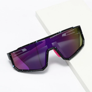 Starry black frame sports shield sunglasses with purple gradient reflective lenses