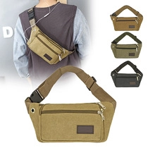 Detail of canvas chest bag with adjustable strap, earphone port and multiple color options
